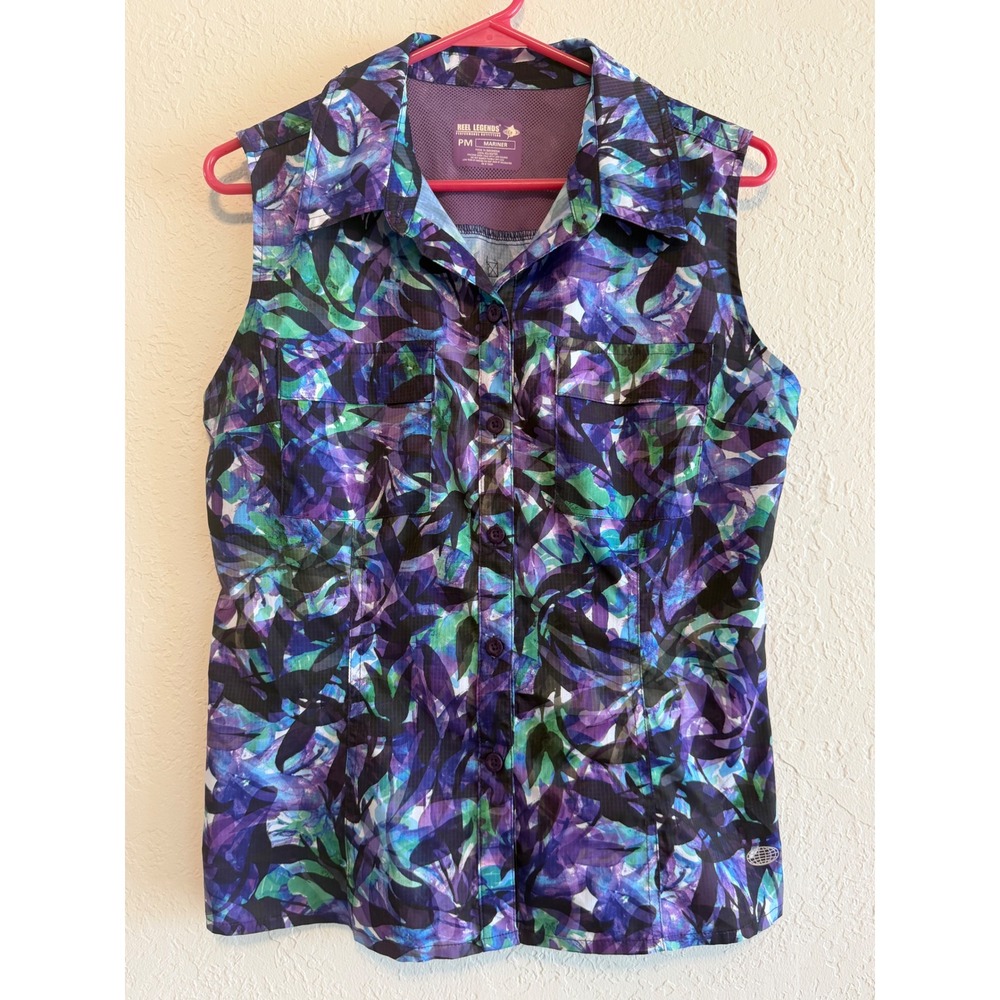 Reel Legends Mariner Womens PM Purple Blue Green Leaf Print Sleeveless Shirt